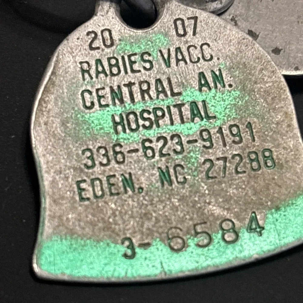 Vintage Dog Tags Lot of 5 AKC Rabies Vaccination Pet ID Eden NC Milk Bone